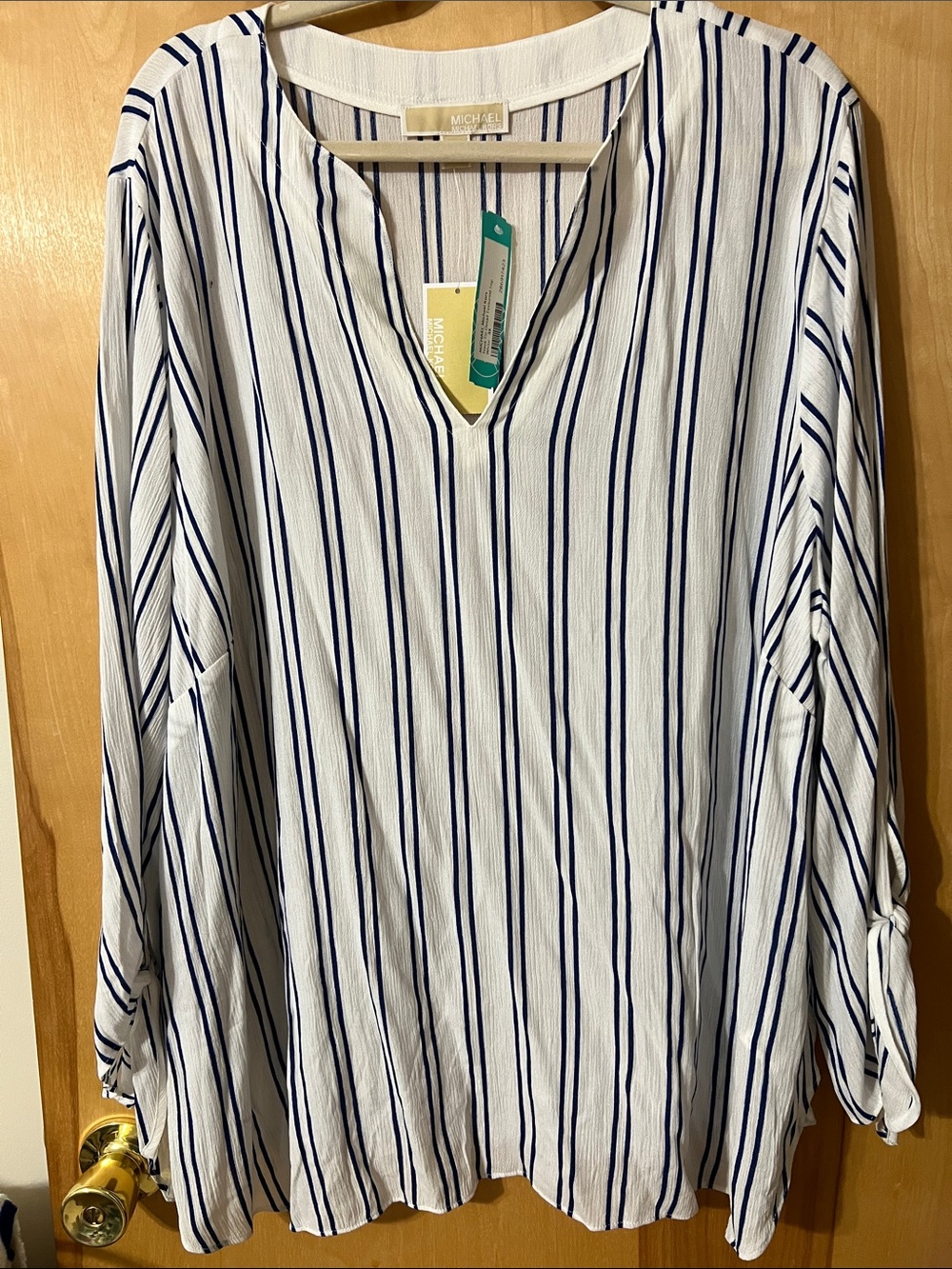 Michael Kors White V-Neck Long Sleeve Tunic with Navy Stripes